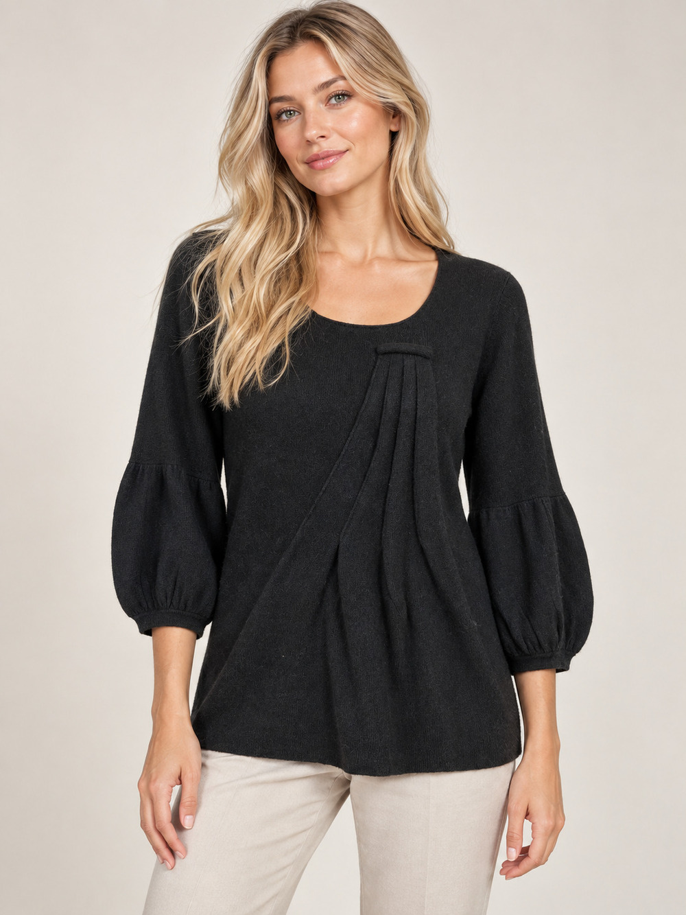 Cashmere Sweater Black Scoop Neck Puff Sleeve S #A6568